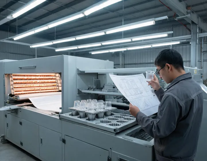 Sheet-fed thermoforming machine heating a polymer web over a cup tool while an operator checks rim geometry against a drawing