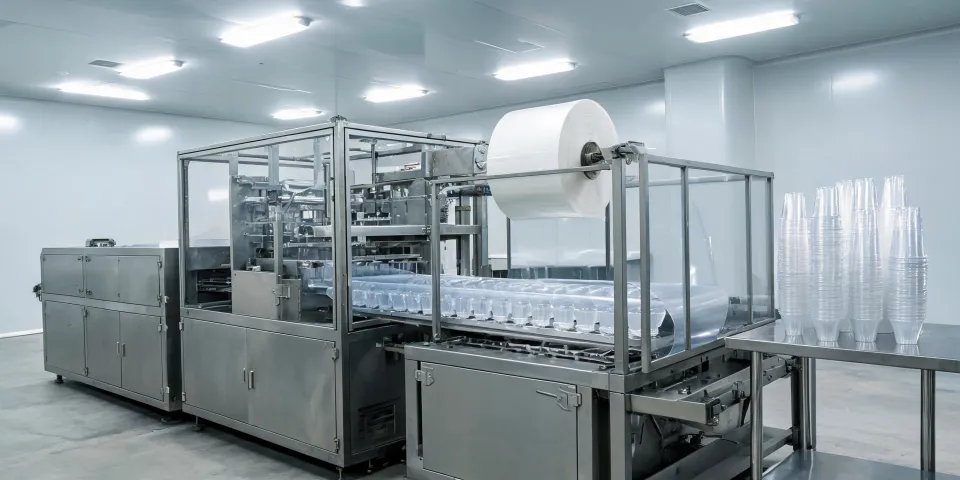 Food-packaging thermoforming line forming cups from rolled sheet with a hygiene-focused work cell