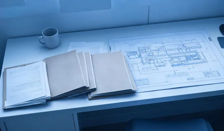 Engineer comparing two thermoforming factory quotation packets beside a forming-area drawing