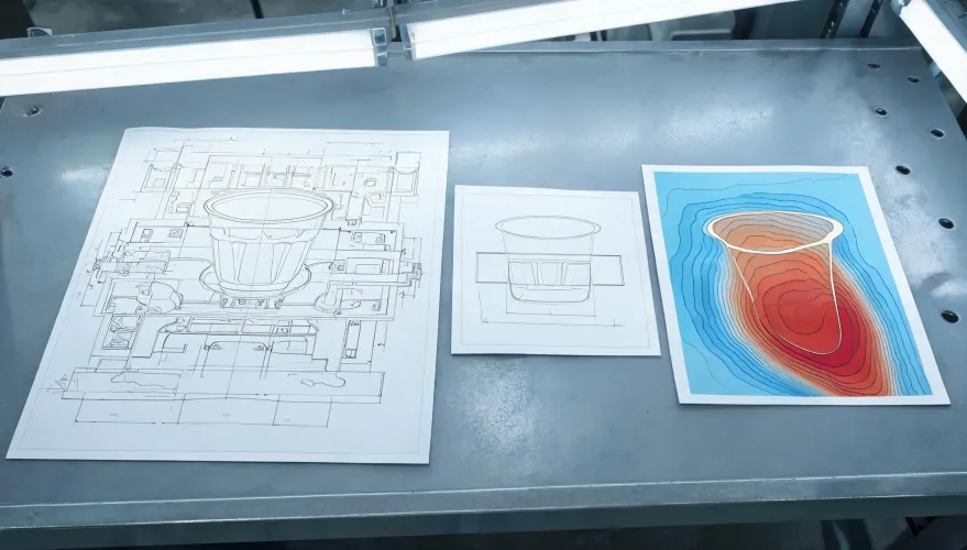 Plastic cup thermoforming tool drawing placed beside a forming-area leaflet and a wall-thickness map